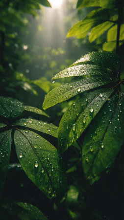 Green leaves with drops of water in the morning. Nature background.の写真素材