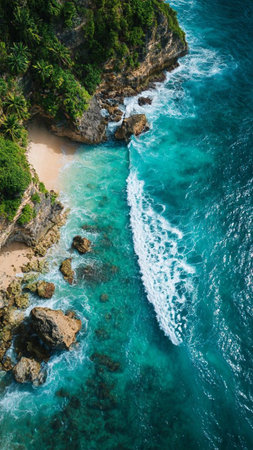 Aerial view of beautiful beach with turquoise water and rocksの写真素材