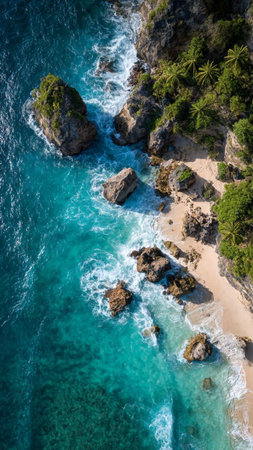 Aerial view of beautiful tropical beach with turquoise water and rocksの写真素材