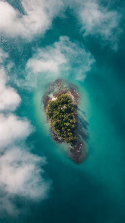 Aerial view of a small island in the middle of the oceanの写真素材