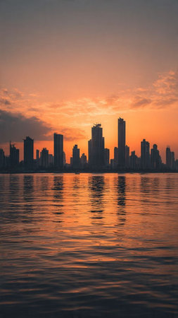 Skyline at sunset with reflection in waterの写真素材
