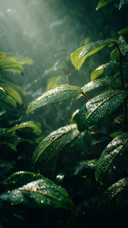 Green leaves with dew drops in morning sunlight. Nature backgroundの写真素材
