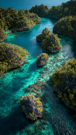 Aerial view of a tropical lagoon with turquoise waterの写真素材