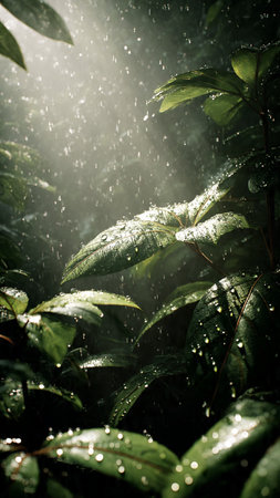 Raindrops on the leaves of a plant in the rainforest.の写真素材
