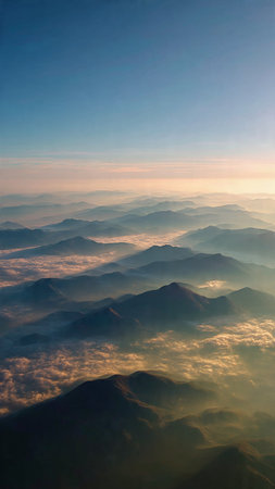 Aerial view of mountain and sea of fog at sunrise time.の写真素材