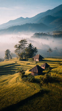 Terraced rice fields in Bali, Indonesia with fog in the morningの写真素材