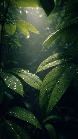 Raindrops on the leaves of plants in the rainforest. Natural background.の写真素材
