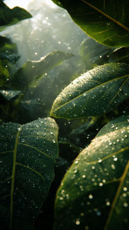 Morning dew on the green leaves of the mango tree. Selective focusの写真素材
