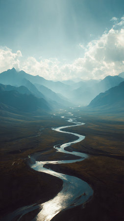 Mountain landscape with a river in the foregroundの写真素材