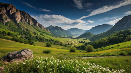 Beautiful summer landscape in the mountains. Landscape with green meadows and mountainsの写真素材