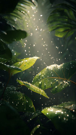 Water droplets on the leaves in the morning sunlight. Natural backgroundの写真素材