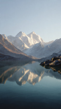Mountains reflected in the lake, Himalayas, Nepal.の写真素材