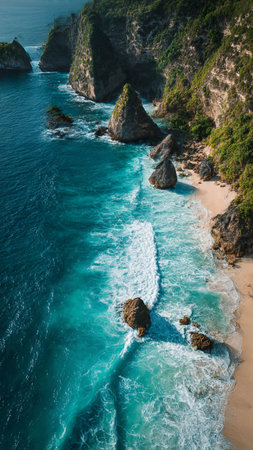 Aerial view of Kelingking Beach, Nusa Penida, Bali, Indonesiaの写真素材