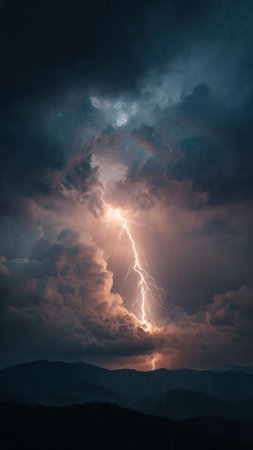 Lightning in the sky with dark clouds and mountains in the backgroundの写真素材
