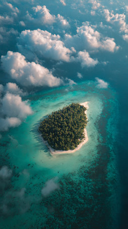 Aerial view of beautiful tropical island with white sand beach and turquoise sea