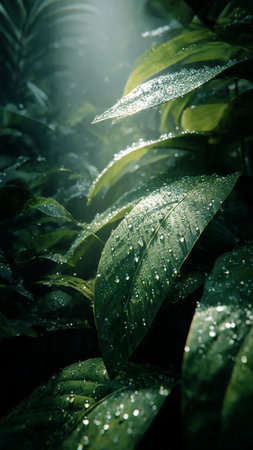 Green leaves with water droplets after the rain. Natural background.の写真素材