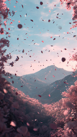 Falling petals in the air in the mountains. Selective focus.