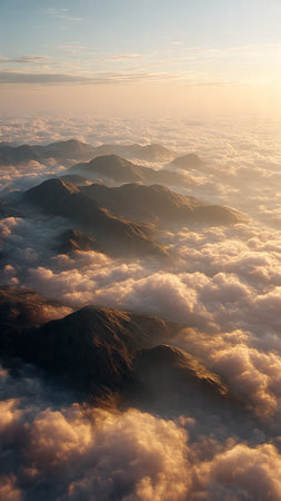 Aerial view of clouds and mountains at sunset. Beautiful natural landscape.の写真素材