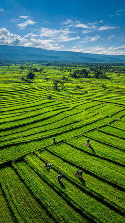 Aerial view of paddy rice terraces, green agricultural fields in countryside or rural area of...