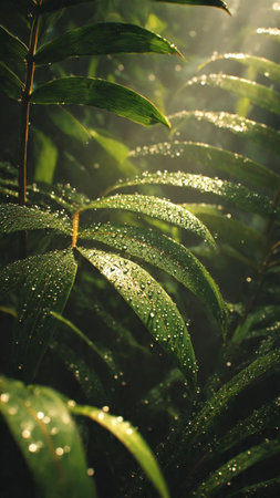 Water drops on the leaves of a fern in the morning.の写真素材