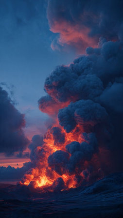 Big eruption of volcano at sunset. Big eruption of volcano at nightの写真素材