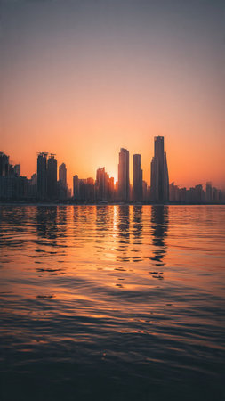 Dubai city skyline at sunset, United Arab Emirates, Middle Eastの写真素材