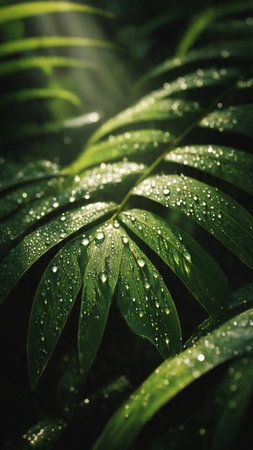 Water drops on the leaves of a tropical plant. Natural background.