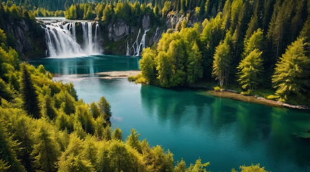 Beautiful view of a lake and waterfall surrounded by lush green forest.の写真素材