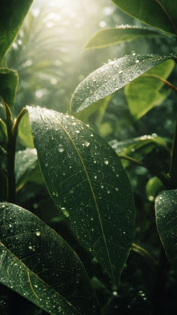 Close up of green leaves with water drops in morning sunlight. Natural background.の写真素材