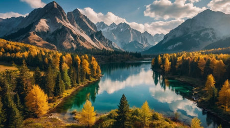 Panoramic view of mountain lake in autumn, Dolomites, Italyの写真素材