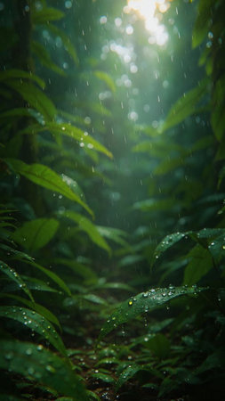 Raindrops on the leaves of a tropical rainforest in Costa Ricaの写真素材