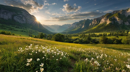 Sunset over alpine meadow with white flowers in summer.の写真素材