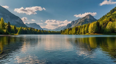 Panoramic view of mountain lake with reflection in water. Beautiful summer landscape.の写真素材