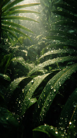Rain drops on the leaves of a fern in the morning light