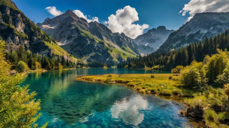 Panoramic view of idyllic alpine lake in the Alpsの写真素材