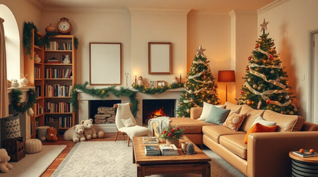 Cozy living room interior with decorated Christmas tree, sofa and armchairの写真素材