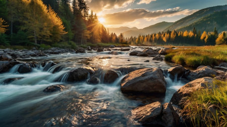 Mountain river at sunset in the Carpathian Mountains, Ukraineの写真素材