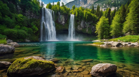 Panoramic view of the beautiful waterfall in the Dolomitesの写真素材