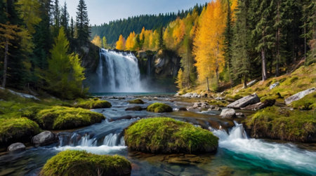 Autumn landscape of the waterfall in the mountains. Panorama.