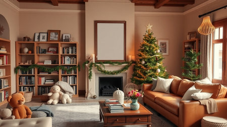 Christmas living room interior with Christmas tree and fireplace. 3d renderingの写真素材