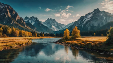 Beautiful autumn landscape with mountain river and high mountains in the backgroundの写真素材