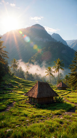 Rice terraces at sunrise in Bali island, Indonesia.の写真素材