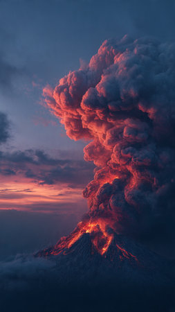 Volcanic eruption with smoke and ash at sunset, close-upの写真素材