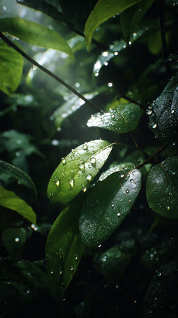 Water droplets on green leaves in the morning. Natural background.
