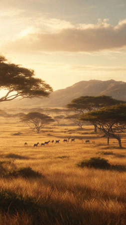 African savannah at sunset, Serengeti National Park, Tanzaniaの写真素材