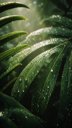 Beautiful green tropical palm leaf with dew drops. Nature backgroundの写真素材