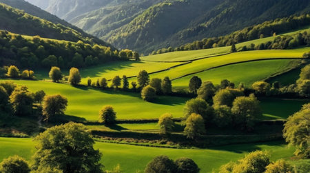 Beautiful summer landscape with green fields and forest in the mountains.の写真素材