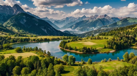Panoramic view of the lake in the mountains. Beautiful summer landscape.の写真素材