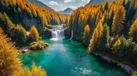Beautiful autumn landscape with colorful forest and waterfall. Aerial view.の写真素材