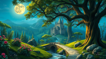 Fantasy fantasy landscape with castle and bridge in the forest. 3d illustrationの写真素材